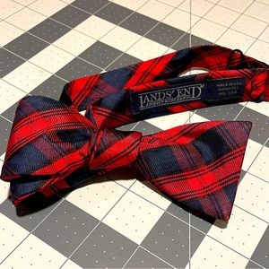Land’s End | Silk Bowtie | Adjustable Self Tie | Red and Navy Plaid